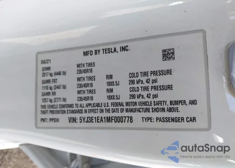 2021 Tesla Model 3 from USA, damaged, VIN 5YJ3E1EA1MF000778